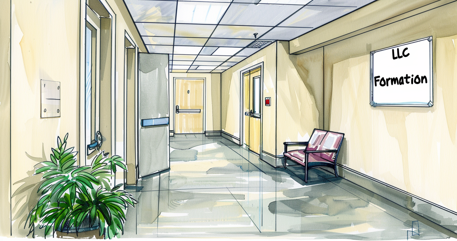 Texas in state tuition requirements - drawing of the hallway of an office building. There is a sign on the wall that reads "LLC Formation"